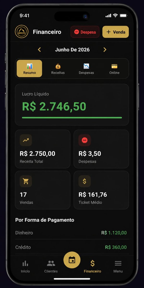 Tela de Financeiro do app Barber Pro